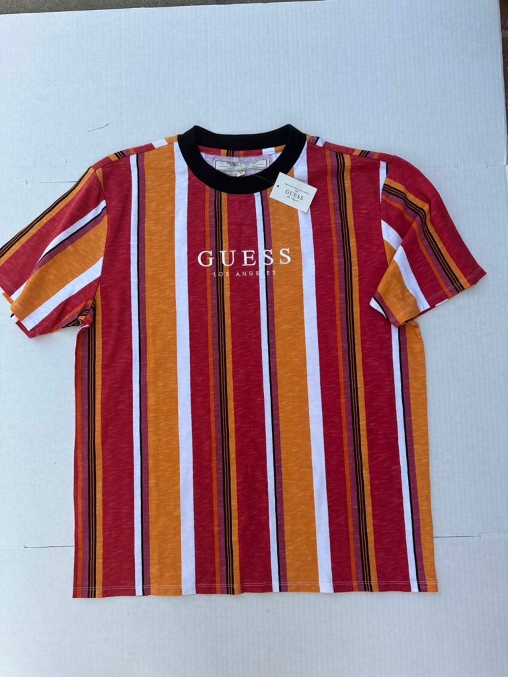 GUESS Men's Red, Orange & White Vertical Stripe Short-Sleeve Tee
